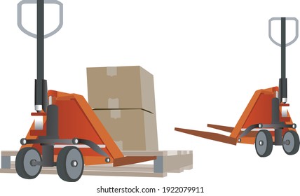 Pallet jack with boxes on pallets 3D illustration.