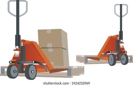 Pallet jack with boxes on pallets 3D illustration.