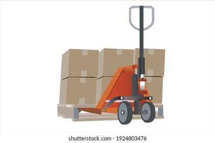 Pallet jack with boxes on pallets 3D illustration.