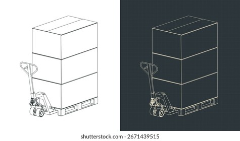 Gato de paleta con cajas de cartón en paletas Ilustraciones de planos isométricos