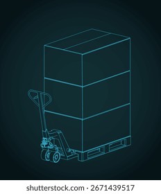 Pallet jack with cardboard boxes on pallets isometric  blueprint illustration
