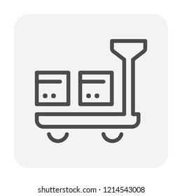 Pallet jack or pallet truck vector icon. Include goods, parcel, cargo or box packaging. Tool for industrial shipping logistics by lift, move, unloading or handling pallet in store, warehouse, factory.