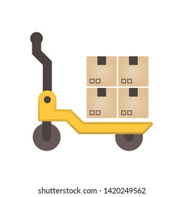 Pallet jack or pallet truck vector icon. Include goods, parcel, cargo or box packaging. Tool for industrial shipping logistics by lift, move, unloading or handling pallet in store, warehouse, factory.