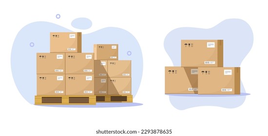 Pallet parcels boxes as cargo warehouse storage vector icon 3d graphic illustration, cardboard export carton packages pile stack for shipping logistic wholesale delivery clipart image