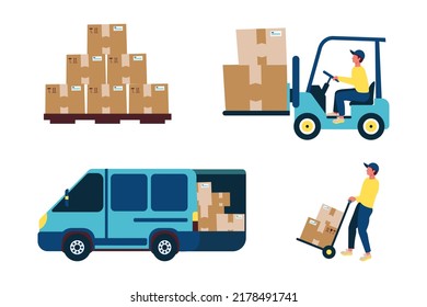 a pallet with parcels a courier on a pallet transporter carries a parcel a truck with a lot of parcels