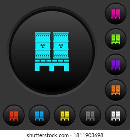 Pallet with radioactive waste dark push buttons with vivid color icons on dark grey background