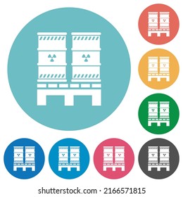 Pallet with radioactive waste flat white icons on round color backgrounds