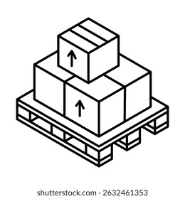 Pallet with stacked cardboard boxes for shipping. Isometric vector icon. Editable stroke.
