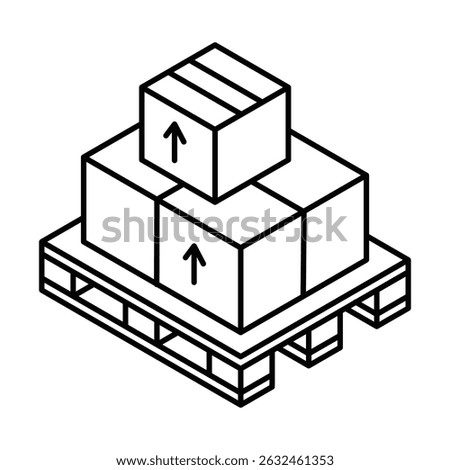 Pallet with stacked cardboard boxes for shipping. Isometric vector icon. Editable stroke.