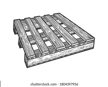 Pallet wooden skid board sketch engraving vector illustration. T-shirt apparel print design. Scratch board imitation. Black and white hand drawn image.