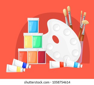 Pallete with brushes,paint, oil, gouache. Collection for painter. Vector illustration on red background. Website page and mobile app design.