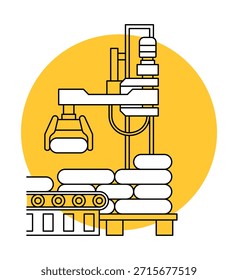 Icono de robot de paletización en línea delgada y relleno de fondo amarillo: máquina automatizada con un brazo robótico que apila cajas o bolsas en una plataforma