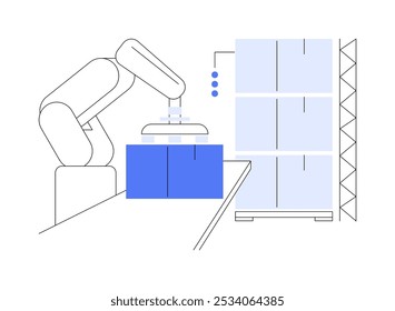 Palletizing robots isolated cartoon vector illustrations. Industrial robots are loading and unloading boxes, modern technology, packaging process, distribution business vector cartoon.