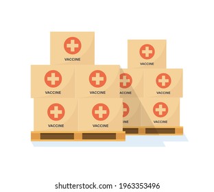 Pallets with boxes of coronavirus vaccine. Warehouse with covid vaccines. Transport of the vaccine. Anti virus campaign. Vector illustration on flat style in white background.