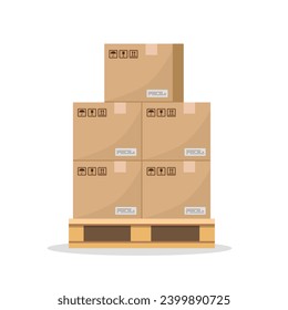 Pallets with cargo isolated on white background. Pallets with boxes. Cardboard parcels. Boxes are ready for shipping. Vector stock