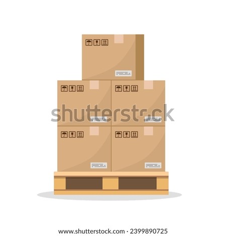 Pallets with cargo isolated on white background. Pallets with boxes. Cardboard parcels. Boxes are ready for shipping. Vector stock