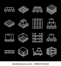 Pallets, white line icons. Storage pallets for industrial production and company logistics. Ideal for supply chain and warehouse themes. Symbols on black background. Editable stroke.
