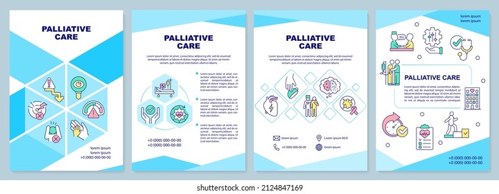 Palliative care blue brochure template. Healthcare service. Leaflet design with linear icons. 4 vector layouts for presentation, annual reports. Arial-Black, Myriad Pro-Regular fonts used