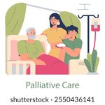 Palliative care concept. Elderly patient in a comfortable bed with caring family members and medical support. Compassionate healthcare illustration. Vector illustration.