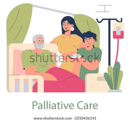 Palliative care concept. Elderly patient in a comfortable bed with caring family members and medical support. Compassionate healthcare illustration. Vector illustration.