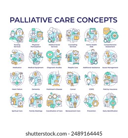 Palliative care multi color concept icons. Chronic illness management. End of life care. Nursing services. Social service. Icon pack. Vector images. Round shape illustrations. Abstract idea