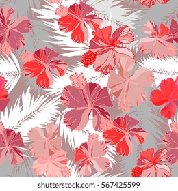 Palm aloha floral pattern Tropical seamless with red hibiscus pattern and coconut leaves. Beautiful flowers pattern vector illustration realistic hand drawn.