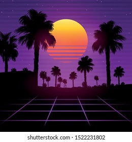 Palm background 80 s, 90 s style. Vector landscape of sunset. Image of old, retro, vintage style. Party banner, invitation, flyer, futurism , advertising. Retro disco and dance. 