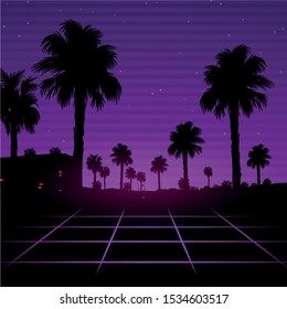 Palm background 80 s, 90 s style. Vector landscape of sunset. Image of old, retro, vintage style. Party banner, invitation, flyer, futurism , advertising. Retro disco and dance. 