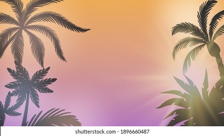 Palm background. Summer sunset, sunshine between branches. Seasonal party background, sunburst and tree silhouettes vector illustration