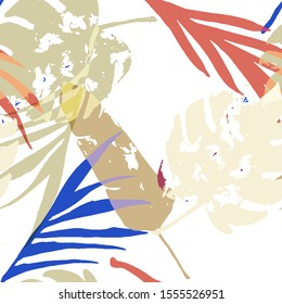 Palm, Banana Leaves Vector Seamless Pattern, Blue, White, Yellow Exotic Floral Print. Sketched Jungle Leaves Winter Fabric. Female Retro Background. Tropical Floral Seamless Fabric