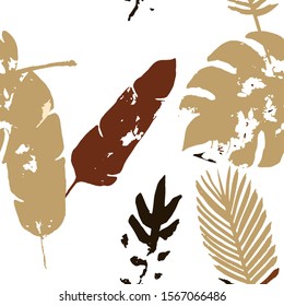 Palm, Banana Leaves Vector Seamless Pattern, Brown Yellow Earth Tone Exotic Fabric. Hand Painted Jungle Leaves Autumn Fabric.  