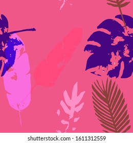 Palm, Banana Leaves Vector Seamless Pattern, Blue Pink Purple Indigo Floral Textile. Trendy Boho Jungle Leaves Winter Fabric. Female Uneven Background. Tropical Fabric Seamless Print