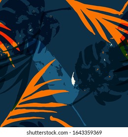 Palm, Banana Leaves Vector Seamless Pattern, Blue, White, Yellow Exotic Floral Print. Hand Painted Jungle Leaves Autumn Fabric. Male Eclectic Background. Tropic Exotic Seamless Textile