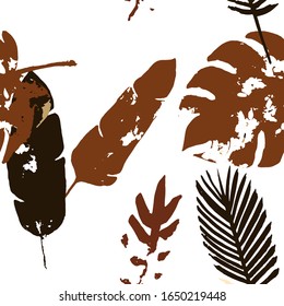 Palm, Banana Leaves Vector Seamless Pattern, Brown Yellow Earth Tone Exotic Fabric. Botanical Jungle Leaves Winter Fabric. Female Hipster Background. Exotic Floral Seamless Design