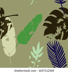Palm, Banana Leaves Vector Seamless Pattern, Brown Green Khaki Exotic Floral Print. Trendy Boho Jungle Leaves Autumn Fabric. Childrens Trendy Background. Tropical Floral Seamless Fabric