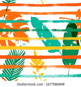 Palm, Banana Leaves Vector Seamless Pattern, Orange Green Vivid Exotic Floral Fabric Design.  Brushed Jungle Leaves Autumn Fabric. Female Eclectic Background. Tropic Exotic Seamless Textile