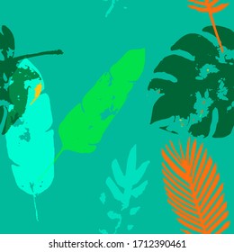 Palm, Banana Leaves Vector Seamless Pattern, Orange Green Vivid Exotic Floral Fabric Design.  Adventure Jungle Leaves Autumn Fabric. Female Uneven Background. Tropic Exotic Seamless Textile