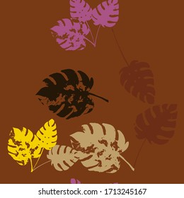 Palm, Banana Leaves Vector Seamless Pattern, Brown Yellow Earth Tone Exotic Fabric. Watercolor Jungle Leaves Winter Fabric. Childrens Trendy Background. Exotic Floral Seamless Textile