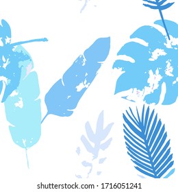 Palm, Banana Leaves Vector Seamless Pattern, Blue Pink Purple Indigo Floral Textile. Cool Chick Jungle Leaves Summer Fabric. Female Hipster Background. Tropic Exotic Seamless Textile