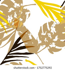 Palm, Banana Leaves Vector Seamless Pattern, Brown Yellow Earth Tone Exotic Fabric. Brushed Jungle Leaves Winter Fabric. Male Retro Background. Exotic Floral Seamless Print