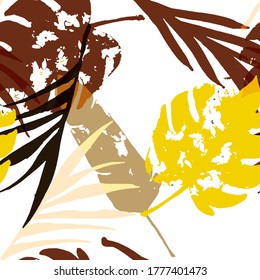 Palm, Banana Leaves Vector Seamless Pattern, Brown Yellow Earth Tone Exotic Fabric. Cool Chick Jungle Leaves Summer Fabric. Childrens Grunge Background. Exotic Floral Seamless Textile