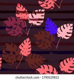 Palm, Banana Leaves Vector Seamless Pattern, Black Brown Blue Dark Exotic Pattern. Cool Chick Jungle Leaves Winter Fabric. Female Uneven Background. Tropical Fabric Seamless Print