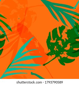 Palm, Banana Leaves Vector Seamless Pattern, Orange Green Vivid Exotic Floral Fabric Design.  Brushed Jungle Leaves Summer Fabric. Childrens Vintage Background. Tropic Exotic Seamless Textile