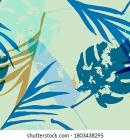 Palm, Banana Leaves Vector Seamless Pattern, Blue, White, Yellow Exotic Floral Print. Brushed Jungle Leaves Winter Fabric. Female Hipster Background. Exotic Tropical Seamless Fabric
