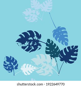 Palm, Banana Leaves Vector Seamless Pattern, Blue Pink Purple Indigo Floral Textile. Sketched Jungle Leaves Winter Fabric. Childrens Elegant Background. Exotic Floral Seamless Print