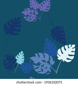 Palm, Banana Leaves Vector Seamless Pattern, Blue Pink Purple Indigo Floral Textile. Hand Painted Jungle Leaves Summer Fabric. Childrens Graffiti Background. Tropic Exotic Seamless Textile