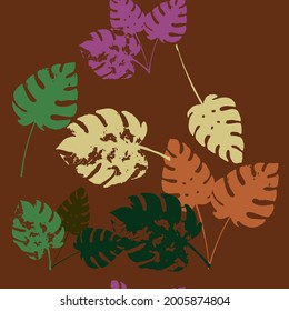 Palm, Banana Leaves Vector Seamless Pattern, Brown Green Khaki Exotic Floral Print. Brushed Jungle Leaves Winter Fabric. Female Eclectic Background. Exotic Tropical Seamless Fabric