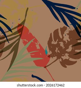 Palm, Banana Leaves Vector Seamless Pattern, Green, Pink, Gray, Brown Floral Design. Hand Painted Jungle Leaves Summer Fabric. Childrens Vintage Background. Exotic Floral Seamless Textile