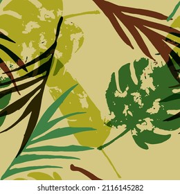 Palm, Banana Leaves Vector Seamless Pattern, Brown Green Khaki Exotic Floral Print. Sketched Jungle Leaves Summer Fabric. Female Vintage Background. Tropical Fabric Seamless Print