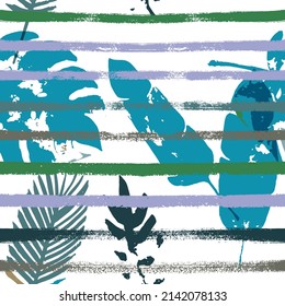 Palm, Banana Leaves Vector Seamless Pattern, Brown Green Khaki Exotic Floral Print. Bohemian Jungle Leaves Autumn Fabric. Childrens Trendy Background. Exotic Floral Seamless Print